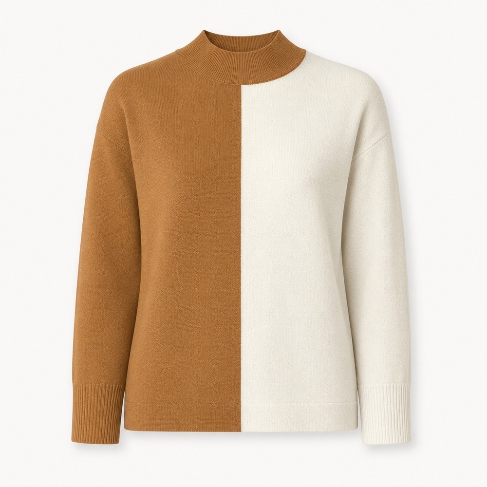Soft Colorblock Mock Neck Sweater XXS Camel Ivory Quiet Luxury Oversized Knit